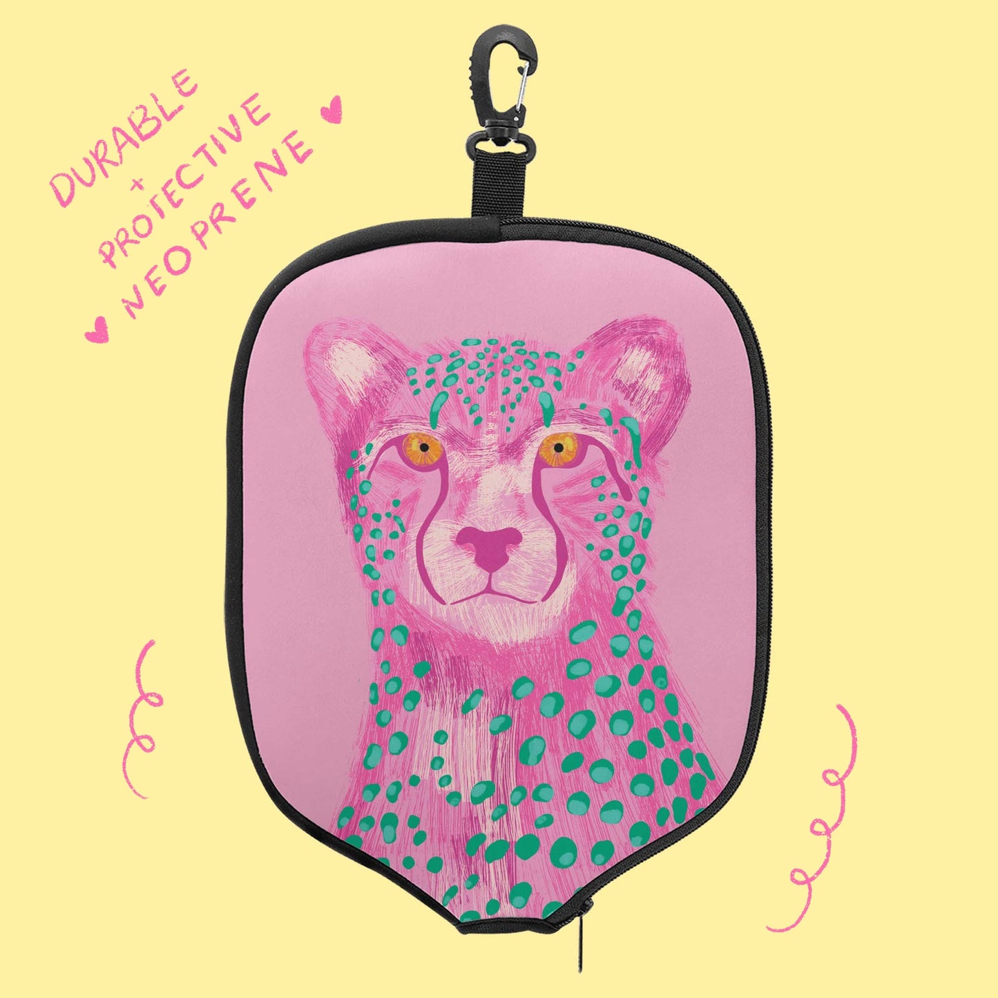 Pink Cheetah Pickleball Paddle Cover – Animal Print Paddle Case – Hand Drawn Pickleball Gift for Women Players