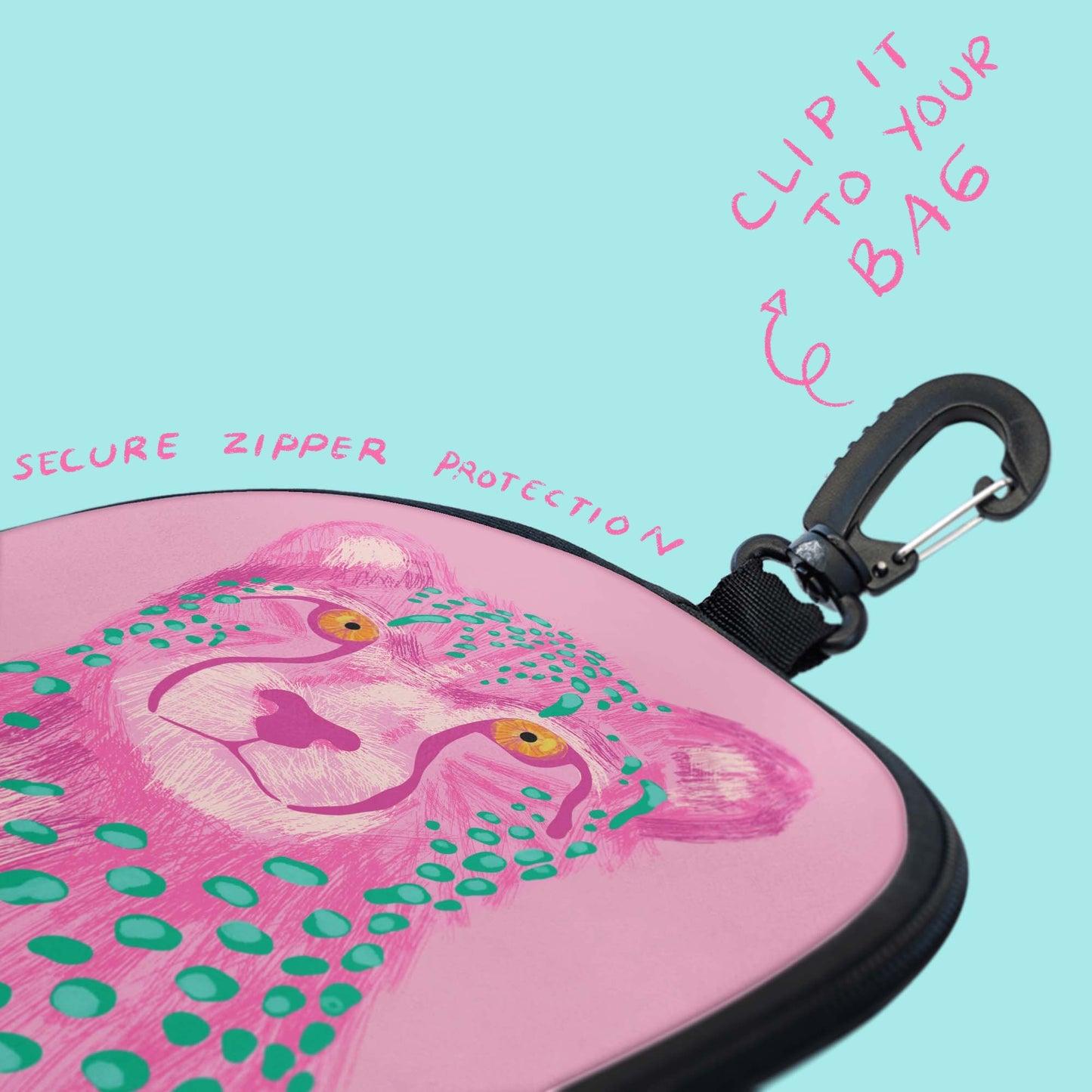 Pink Cheetah Pickleball Paddle Cover – Animal Print Paddle Case – Hand Drawn Pickleball Gift for Women Players