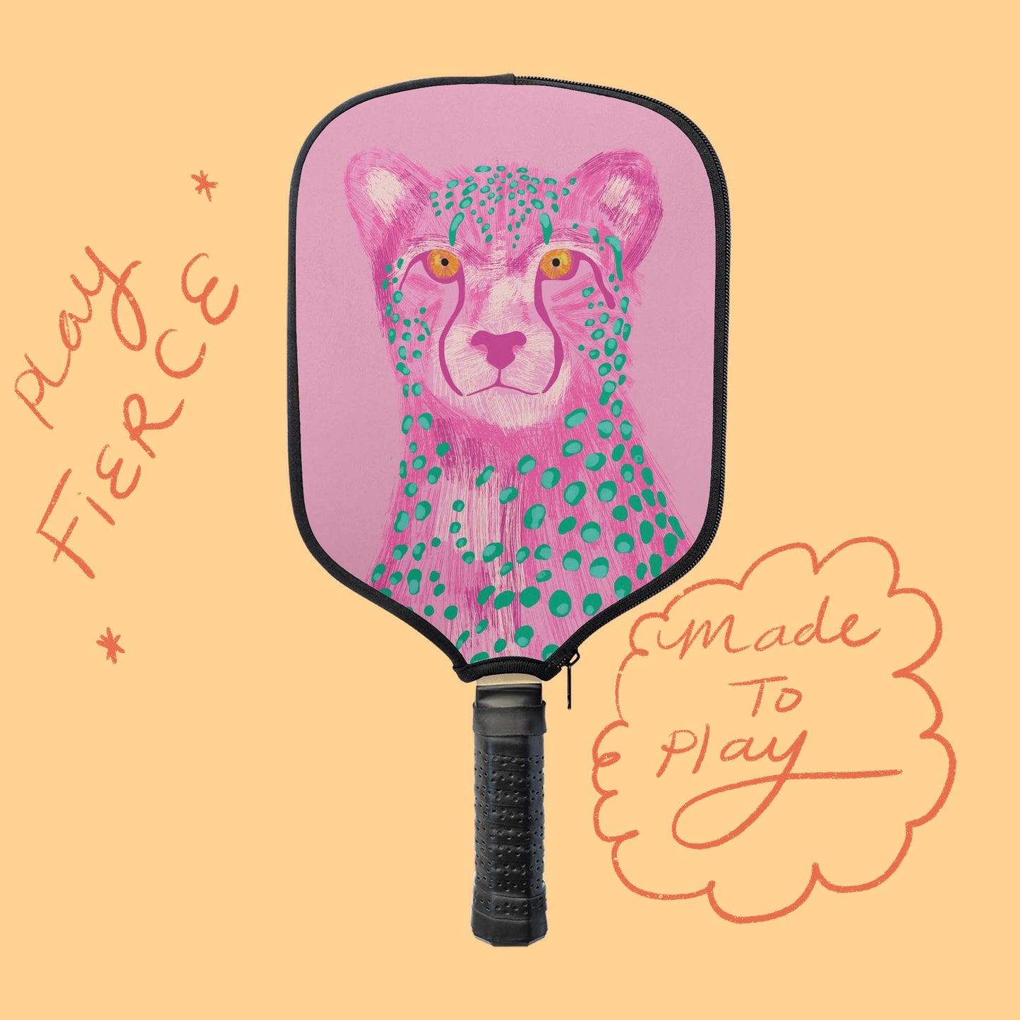 Pink Cheetah Pickleball Paddle Cover – Animal Print Paddle Case – Hand Drawn Pickleball Gift for Women Players