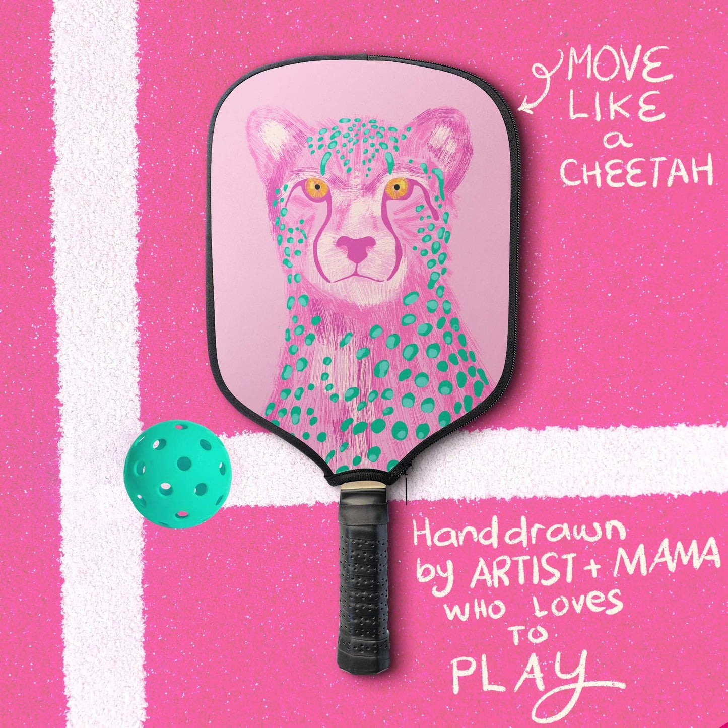 Pink Cheetah Pickleball Paddle Cover – Animal Print Paddle Case – Hand Drawn Pickleball Gift for Women Players