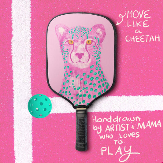 Pink Cheetah Pickleball Paddle Cover – Animal Print Paddle Case – Hand Drawn Pickleball Gift for Women Players